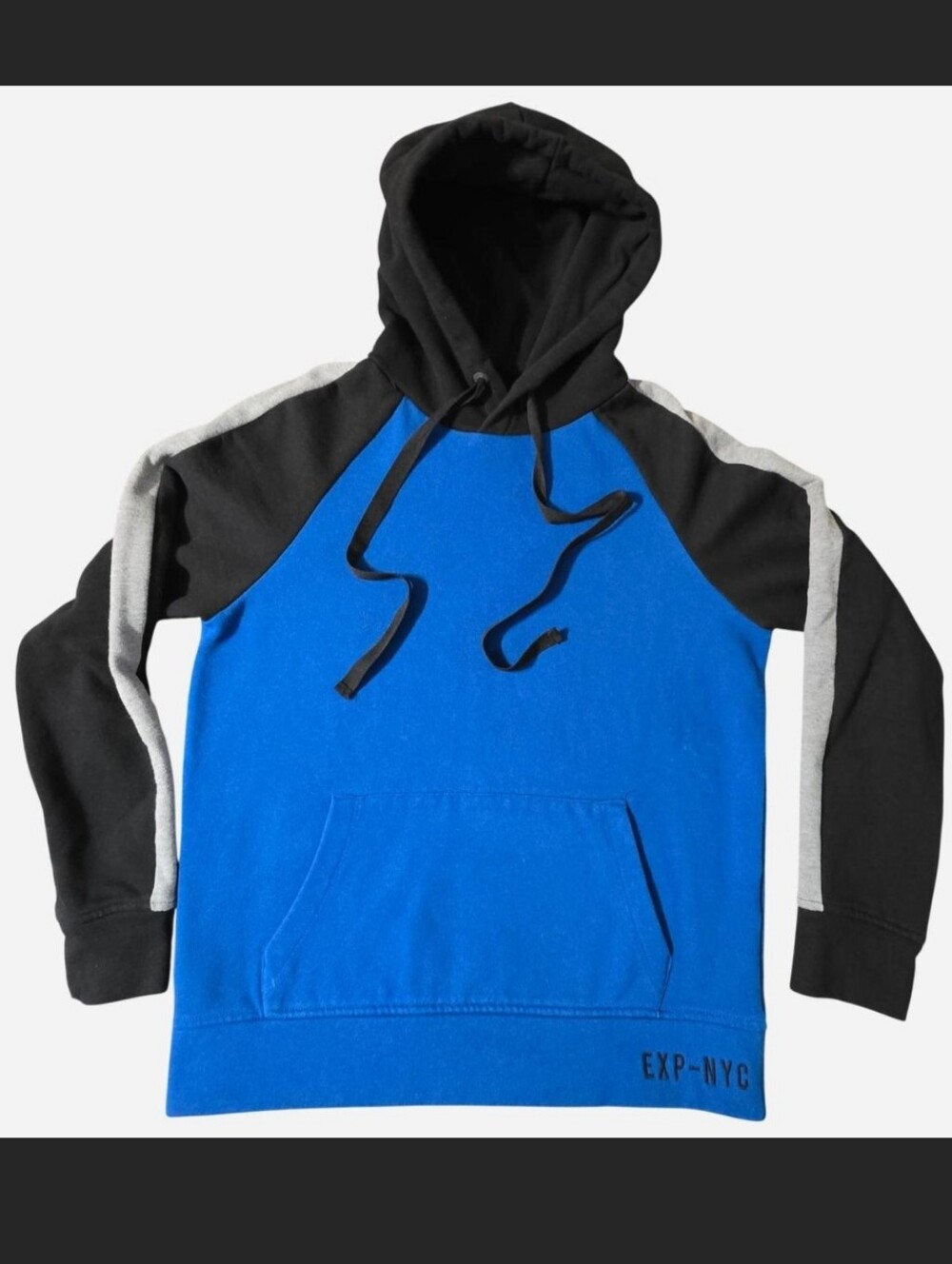 EXPRESS Blue, black, & gray color-blocked hoodie with black drawstring Like New